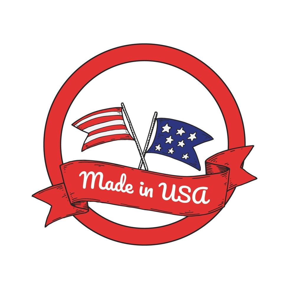 Made is USA label with hand drawn United States crossed flags. vector