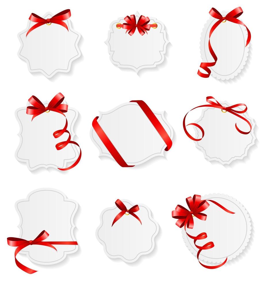 Card with Red Ribbon and Bow Set. Vector illustration