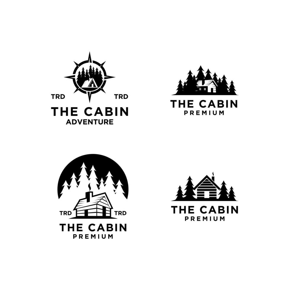 set collection premium wooden cabin and mountain pine forest vector
