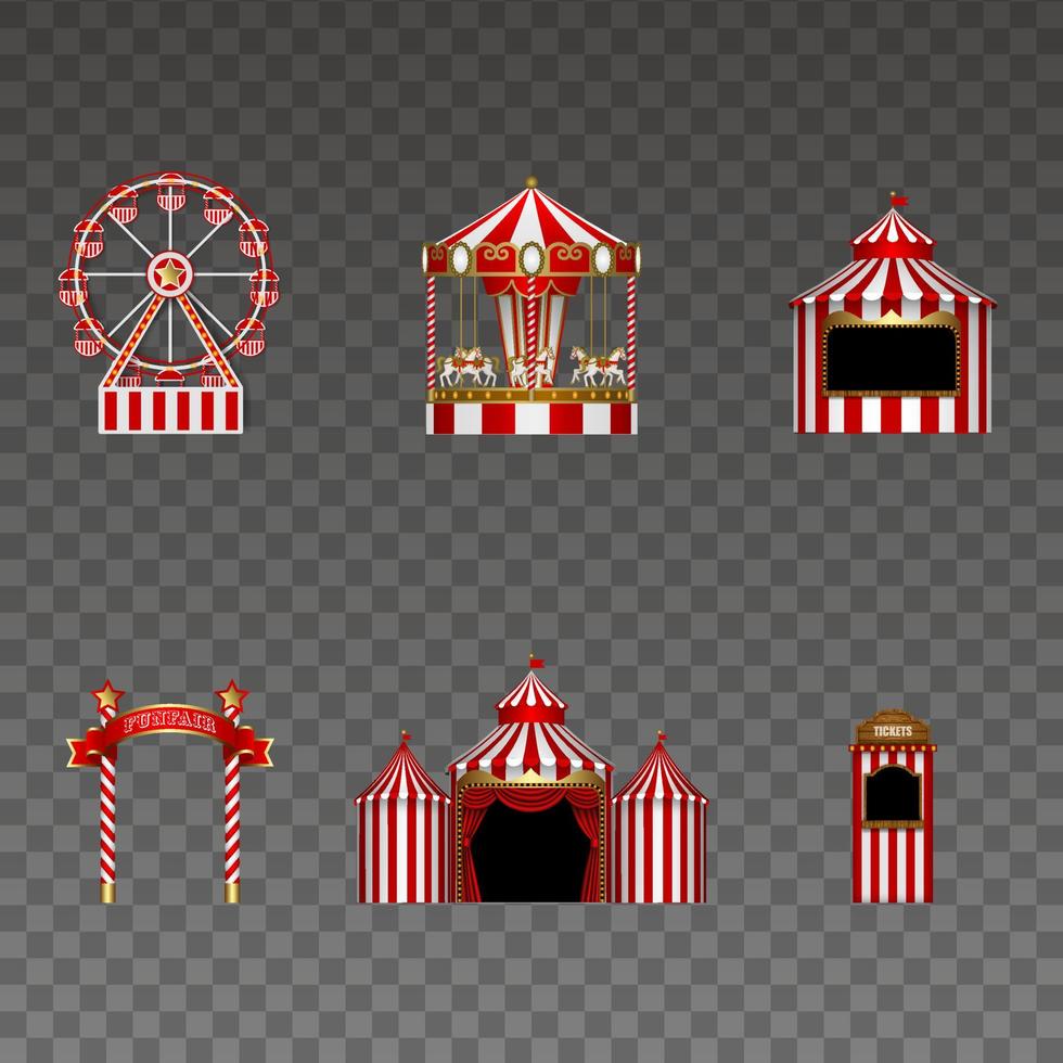 Set of funfair elements. isolated ferris wheel, carousel, stall, signboard, circus and tickets booth. luna park elements for carnival and holidays backgrounds vector