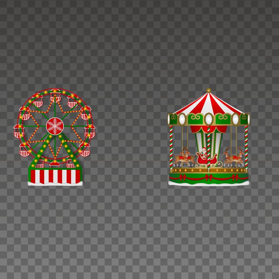 christmas luna park elements. isolated ferris wheel and carousel vector