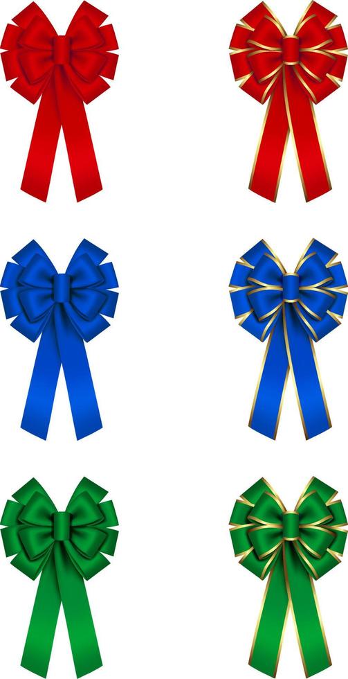 set of isolated christmas bow. red, blue, green bows and bows with gold edging vector