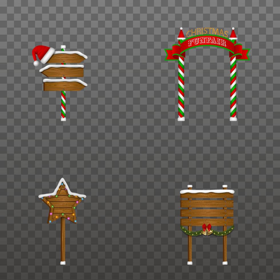 Conjunto de señales de tráfico navideñas y letreros de madera con adornos y luces. vector