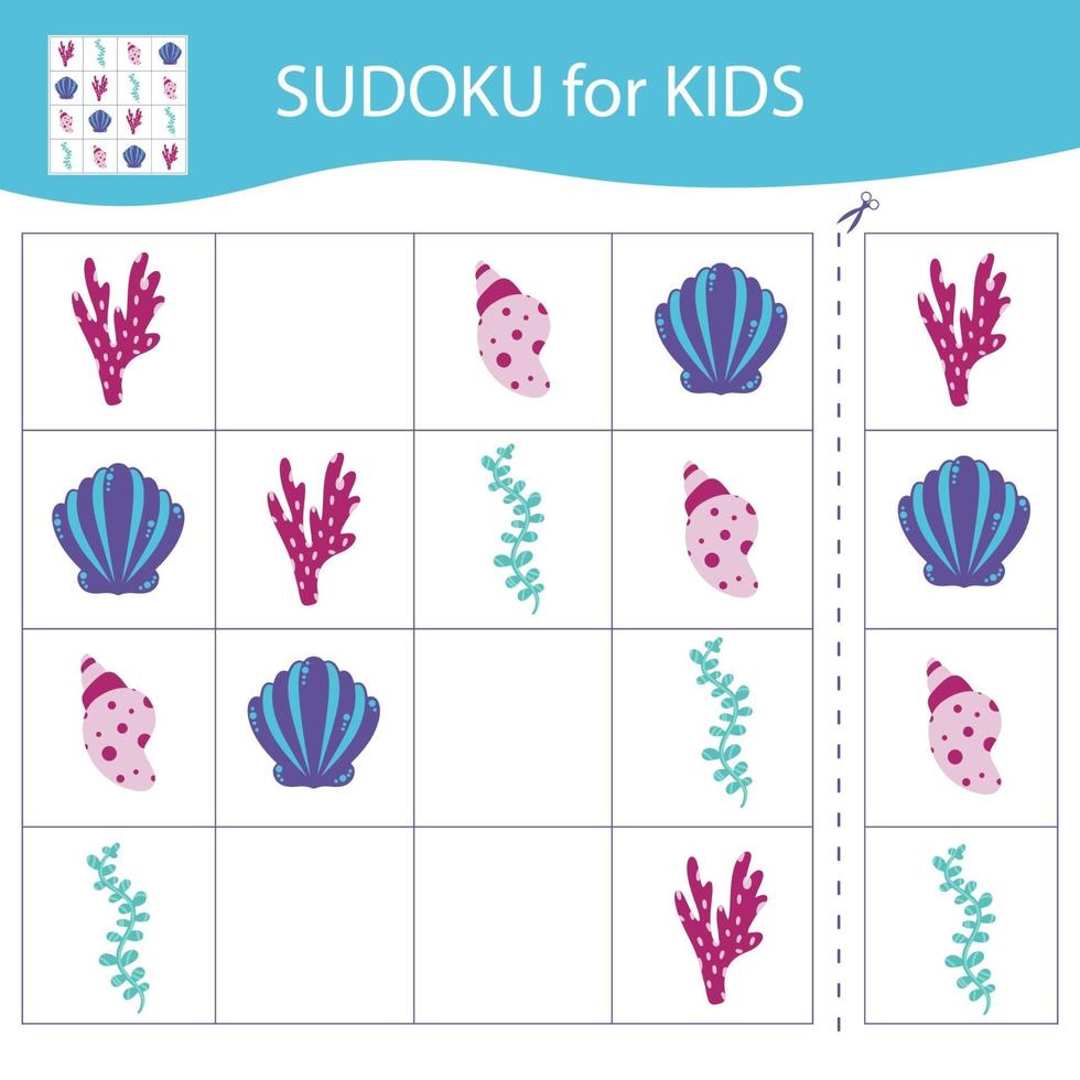 Sudoku game for kids. Elements of the underwater world.Vector, cartoon vector