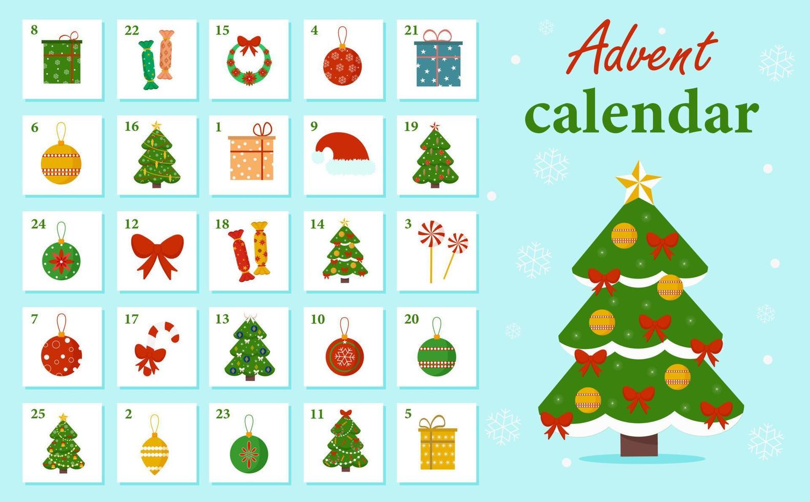 calendario de adviento navideño con elementos de año nuevo, un árbol de navidad, regalos, dulces, decoraciones. Ilustración de invierno para la creatividad de los niños. vector, estilo de dibujos animados. vector