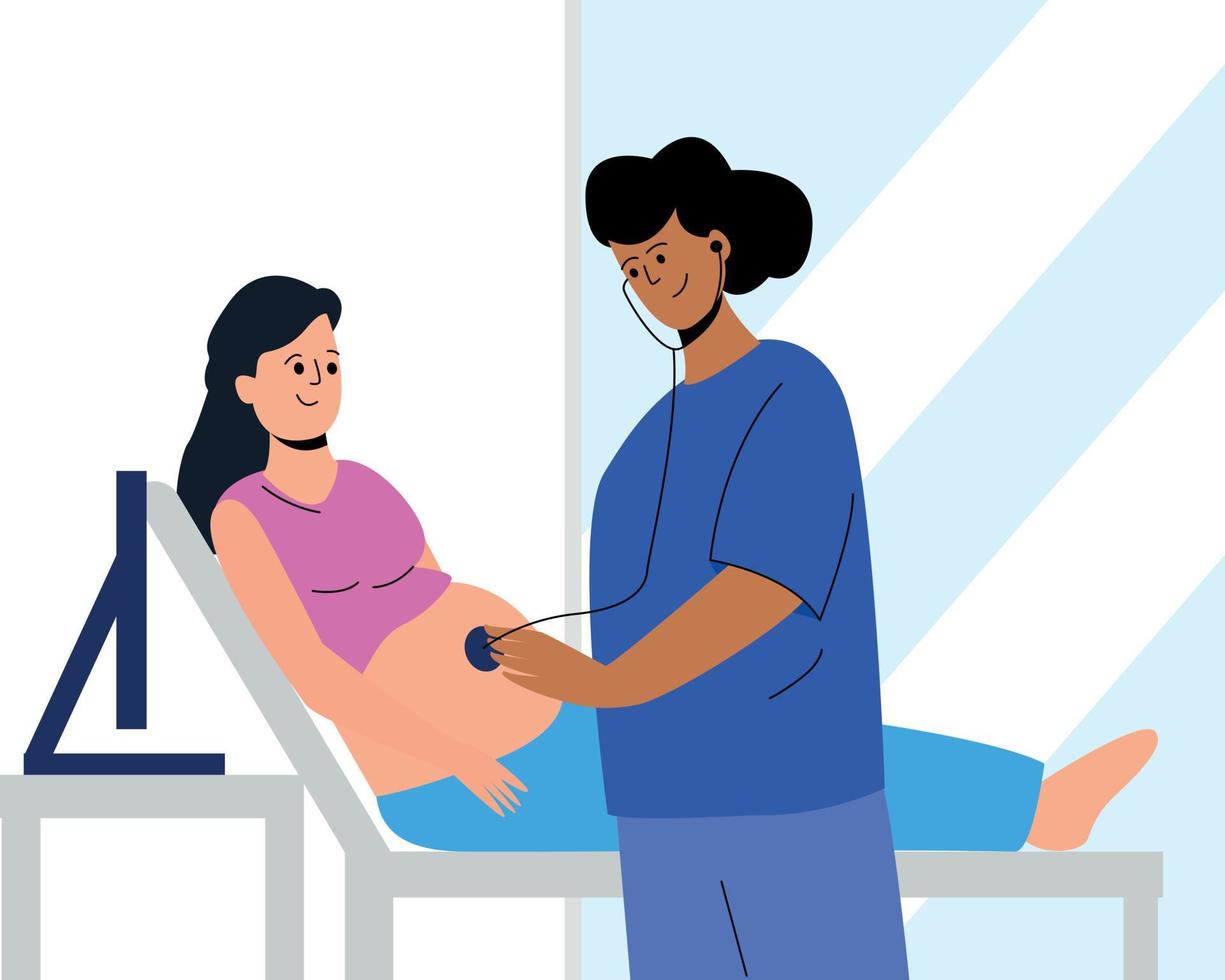 A midwife examines a pregnant woman. The doctor listens to the baby's heartbeat. A pregnant woman is being examined. Scheduled medical examination. A woman is lying on a couch vector