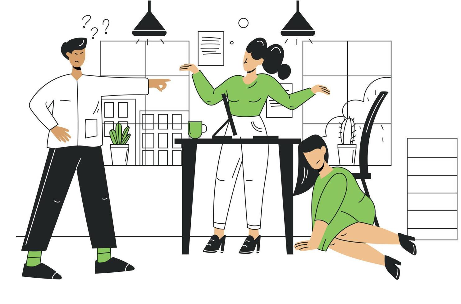 Colleagues in the office. A woman is hiding from an angry boss. An angry, dissatisfied angry boss. A frightened employee vector