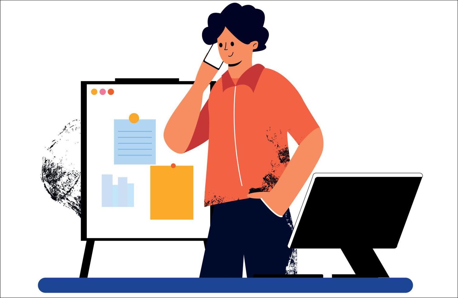 A businessman is talking on the phone, a man is at his workplace. Office employee vector