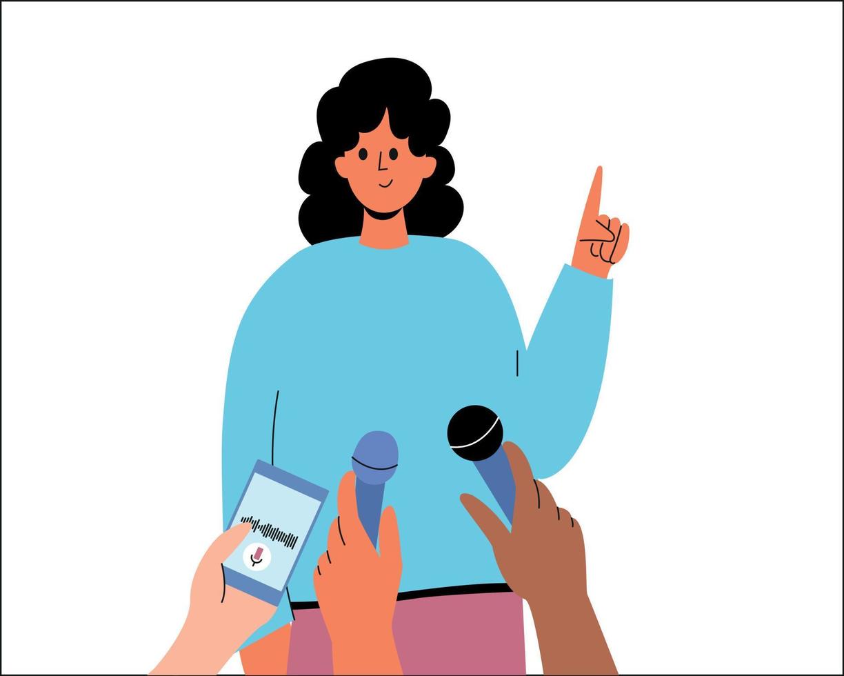 a woman speaks to journalists. A girl gives an interview, a hand with a dictaphone. Answer the question into the microphone. Hands with microphones, journalists vector