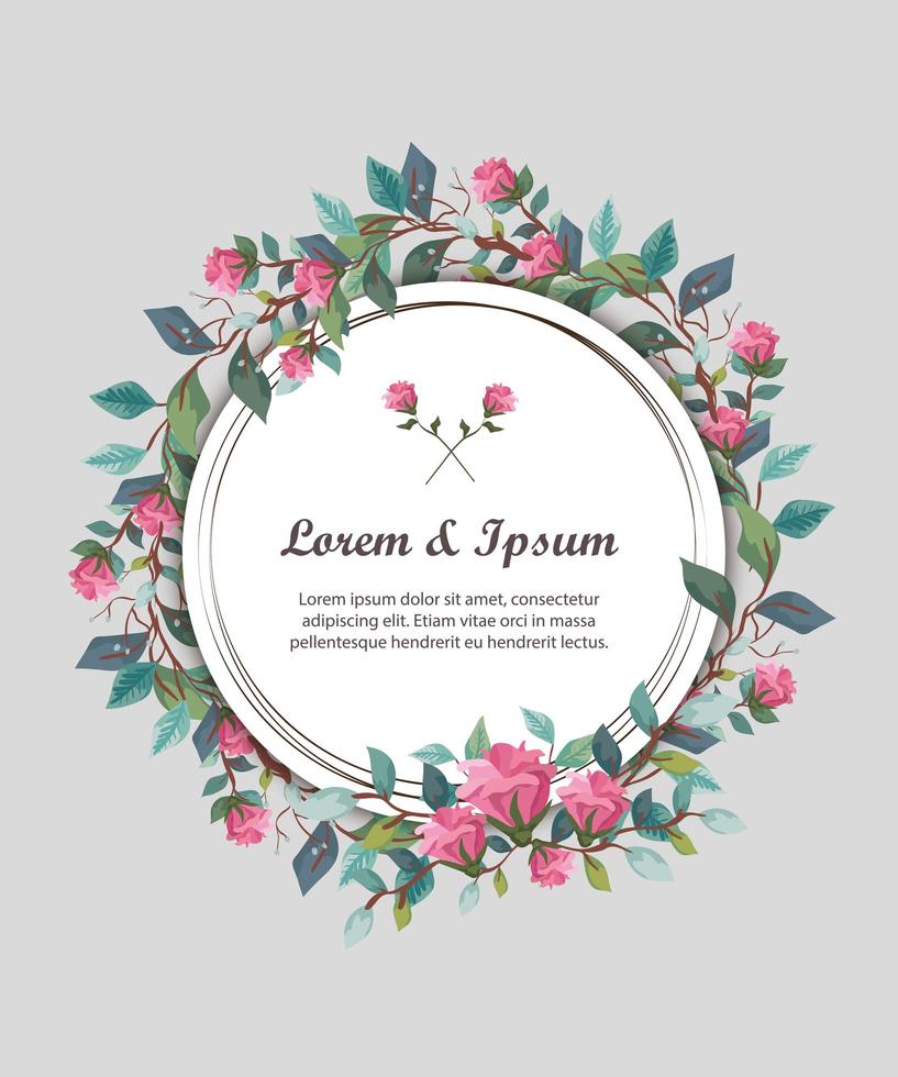 Tarjeta de invitación circular con decoración de flores y hojas. vector