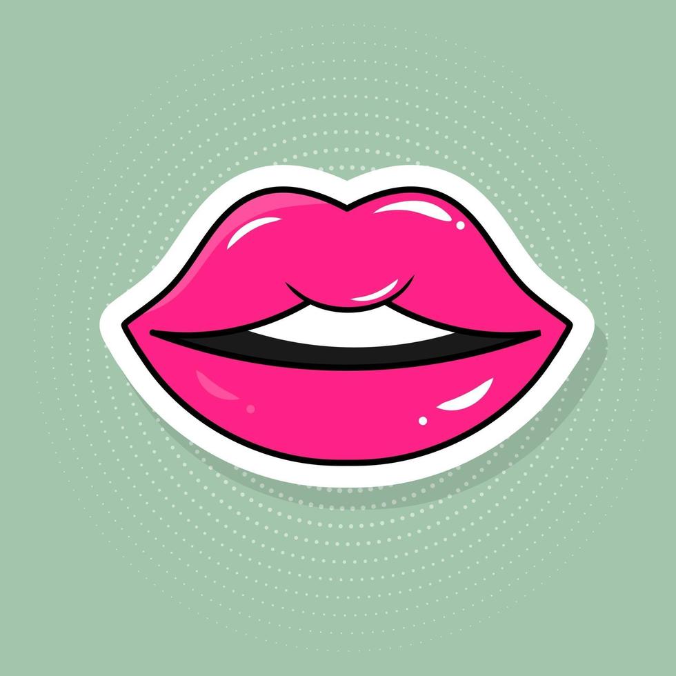 Pink lips sticker in pop art style. vector