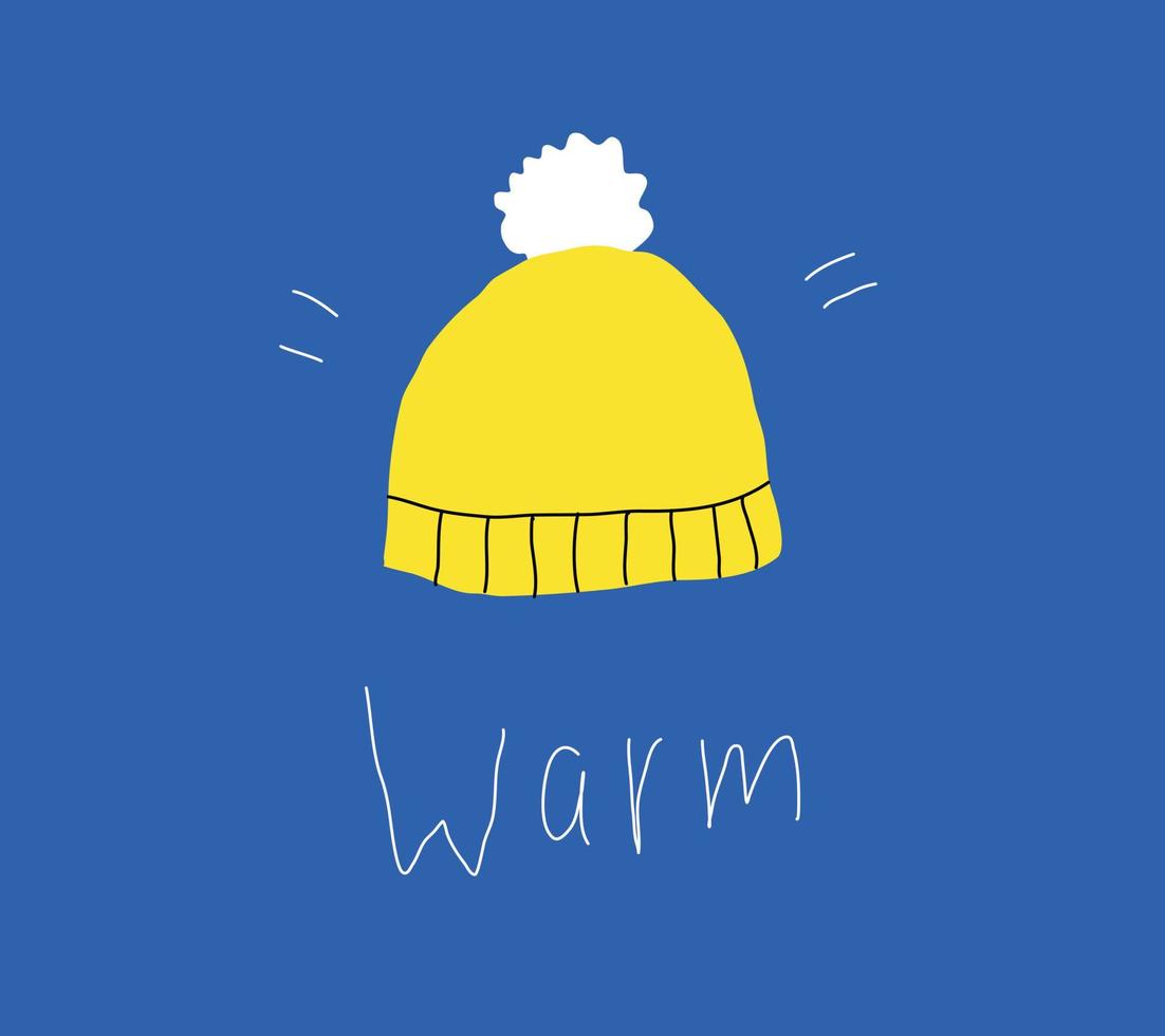 A warm hat hand-drawn in the style of a doodle. Cute yellow hat with a fluffy pompom vector