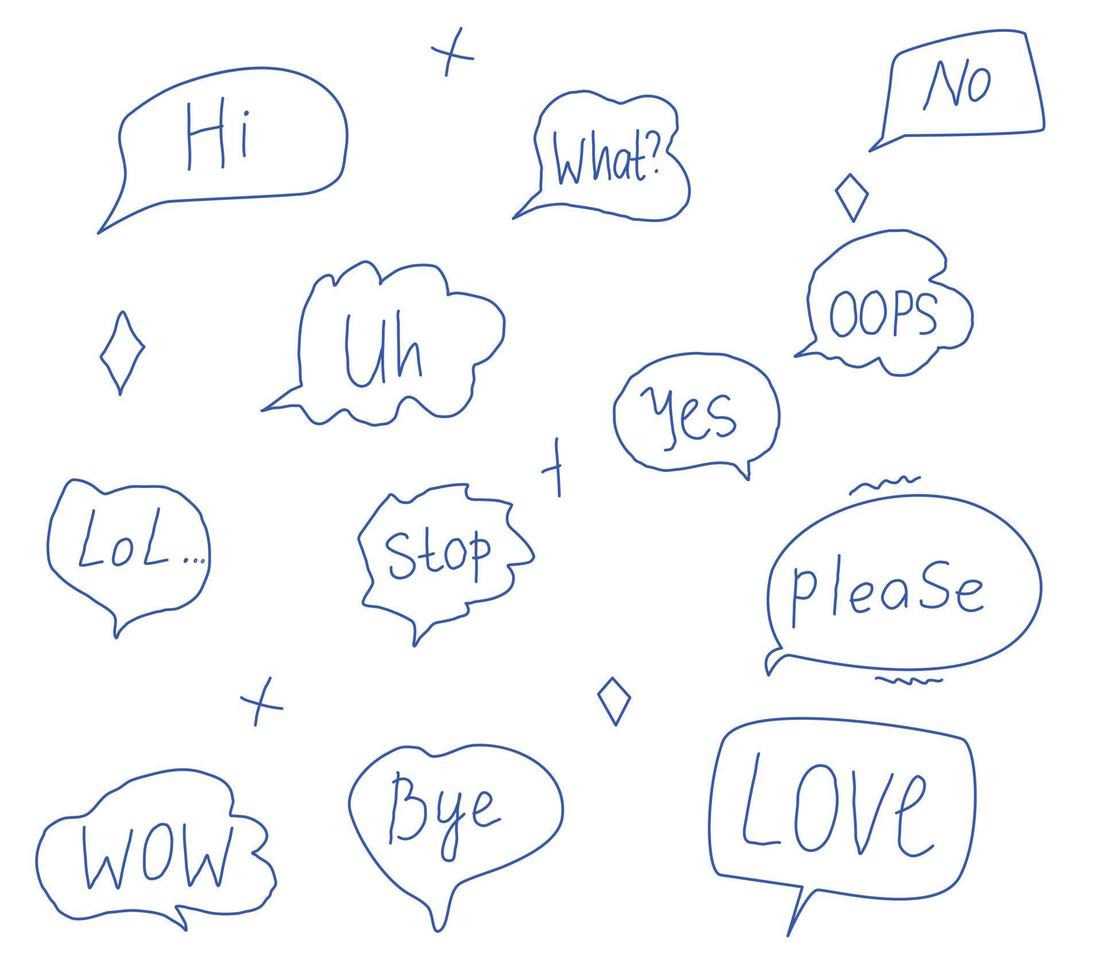 Handwritten words in the clouds. Phrases love, lol, no, hi. A set of hand-drawn phrases vector