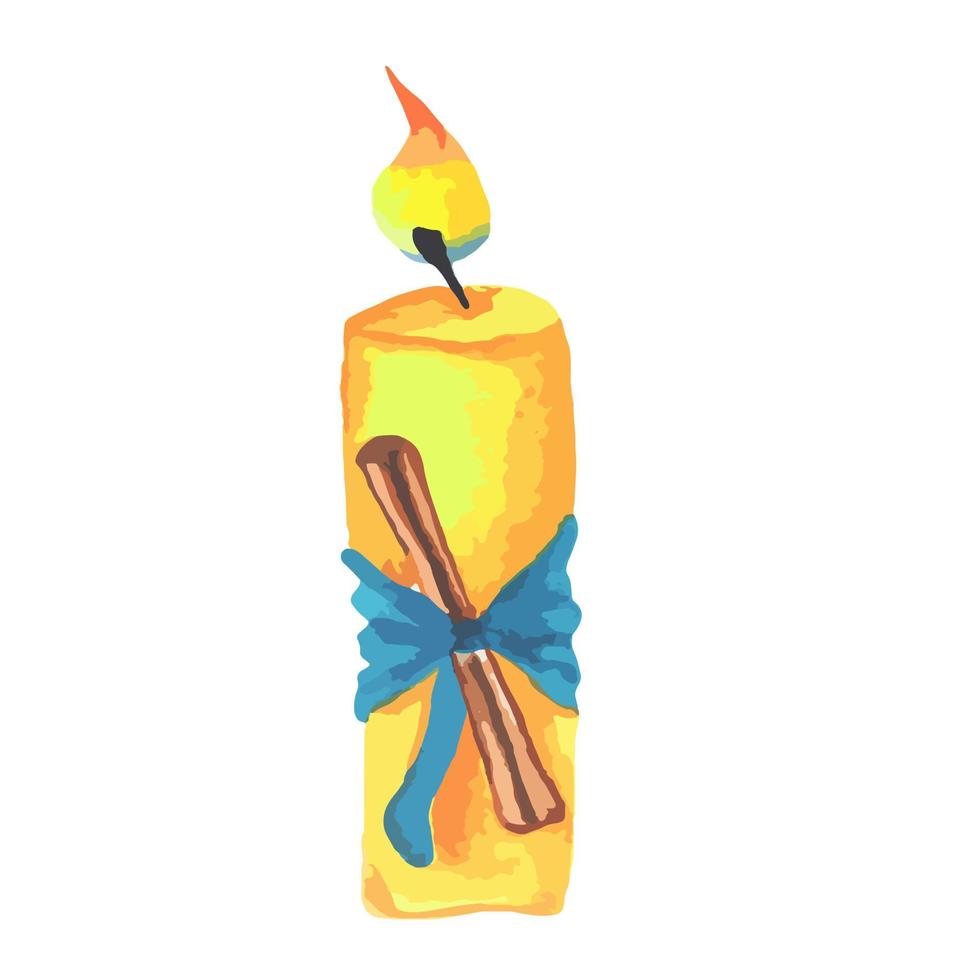 decorative burning candle with blue bow and cinnamon stick. The flame of Christmas candle with ribbon and bow vector