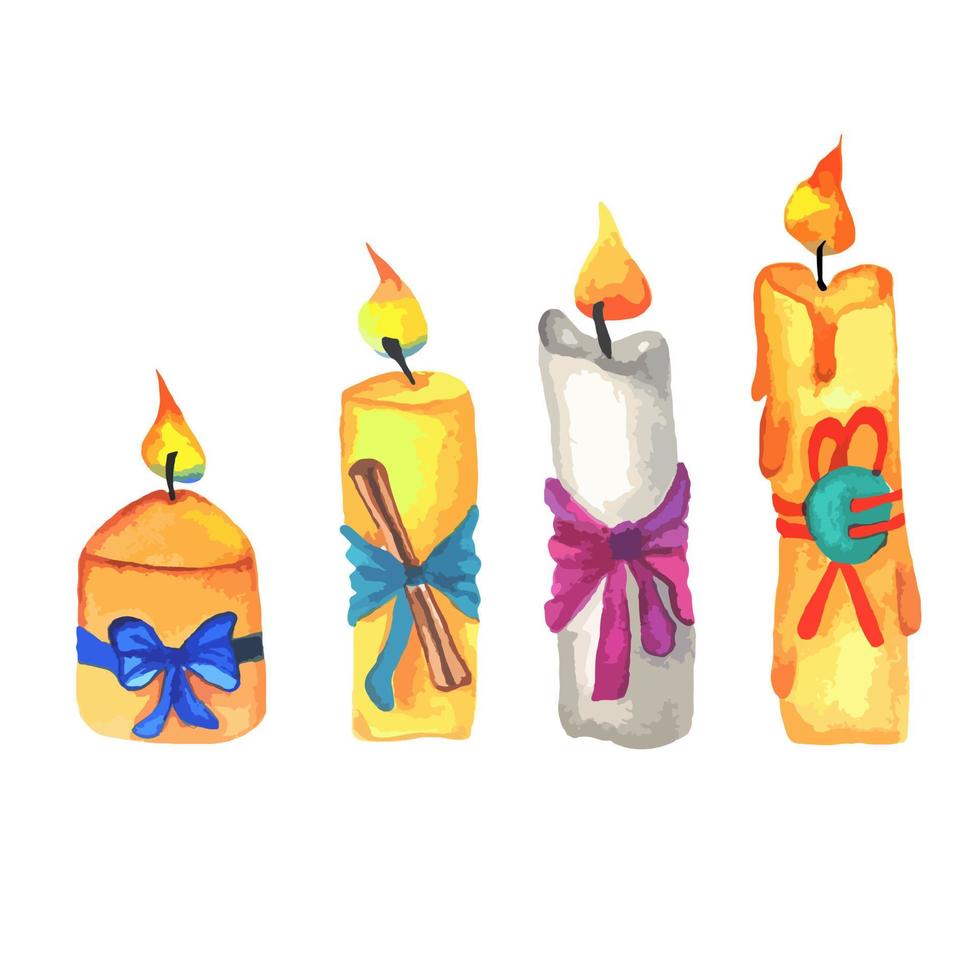 set of decorative burning candles with cinnamon. The flame of Christmas candle with ribbon and bow. vector