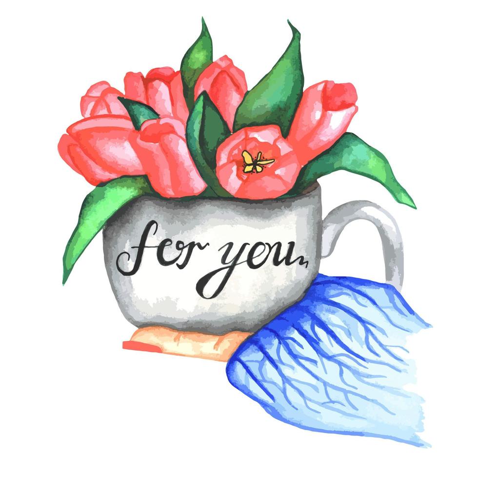 hermoso arreglo floral, una taza con tulipanes rosas en la mano. un ramo de tulipanes en una taza. una ilustración dibujada a mano en acuarela. perfecto para postales, souvenirs, invitaciones. vector