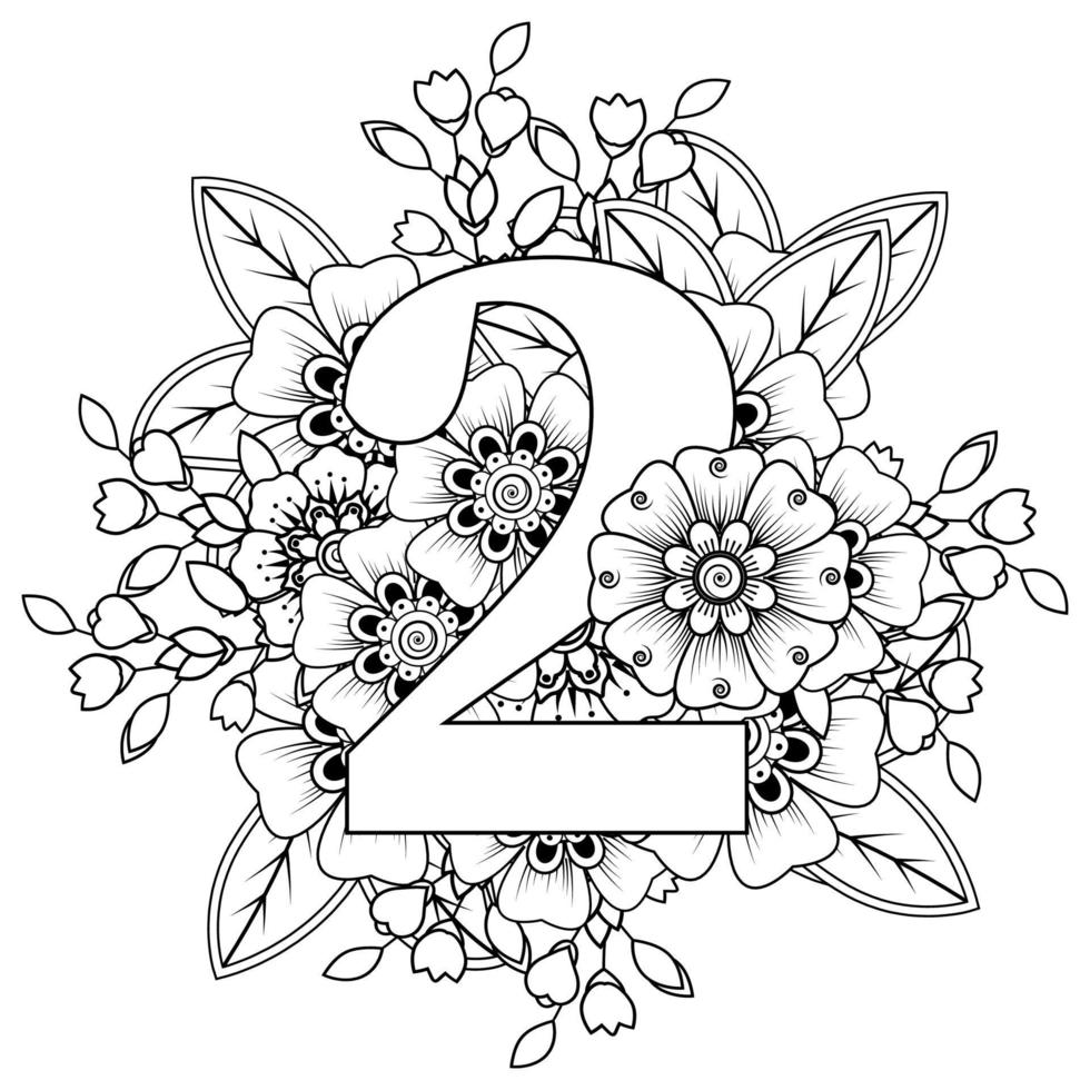 Number 2 with Mehndi flower. decorative ornament in ethnic oriental. vector