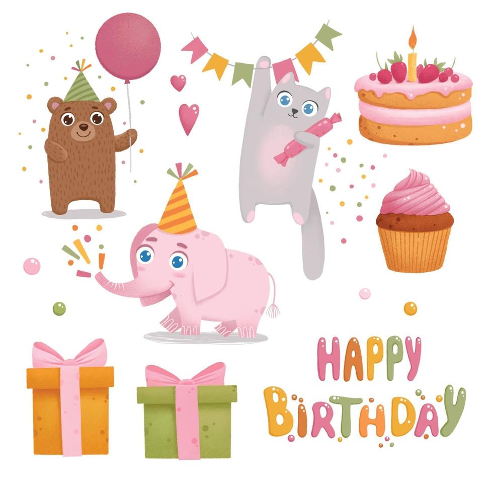 Colorful Happy Birthday. Cute elephant, cat, bear and gift box vector