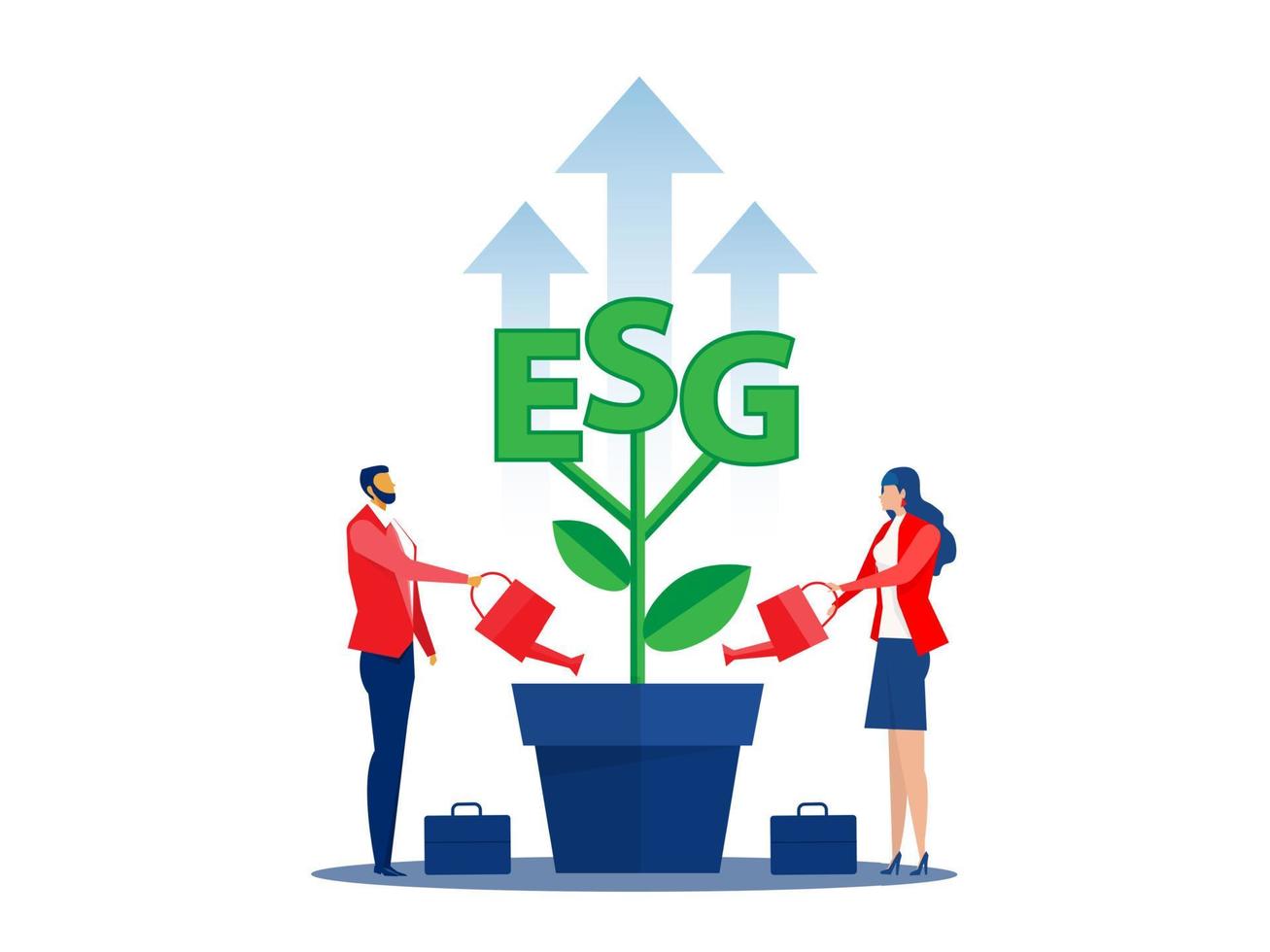 ESG or ecology problem concept, Two peoplewatering seedling growth invest concept vector illustrator