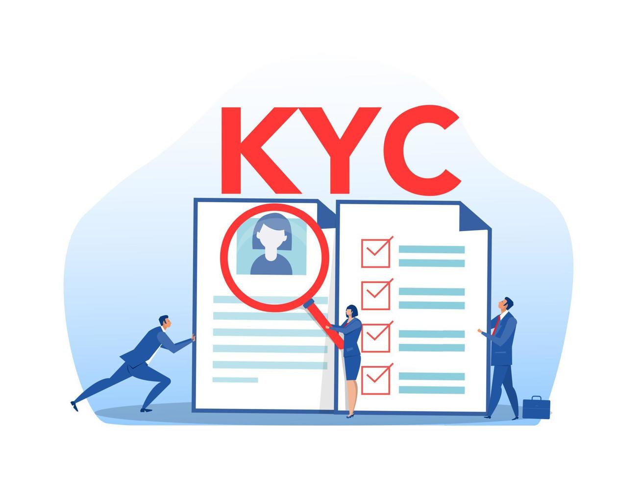 kyc o conozca a su cliente con el negocio verificando la identidad del concepto de sus clientes en los futuros socios a través de un ilustrador de vectores de lupa