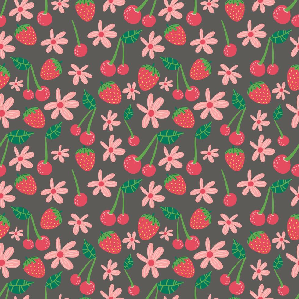 verano de patrones sin fisuras con frutas, bayas y flores. Fondo de dibujos animados dulce para textil, tela, papel decorativo. vector