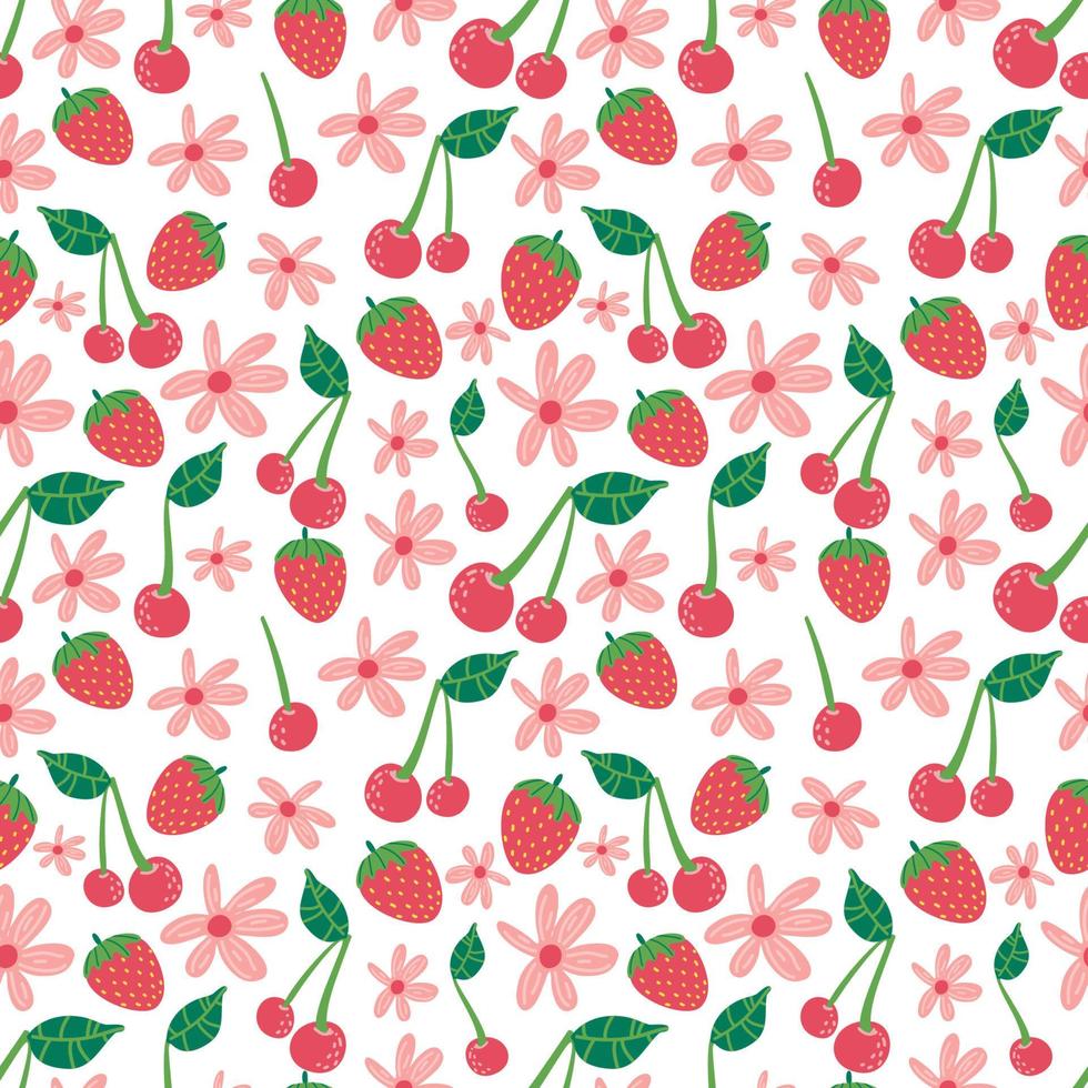 Cherry strawberry pattern, cute fruit cartoon seamless background vector