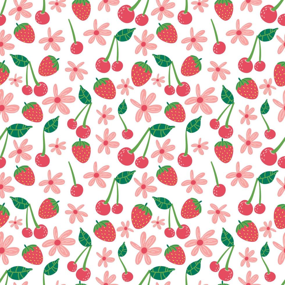 Cherry strawberry pattern, cute fruit cartoon seamless background vector