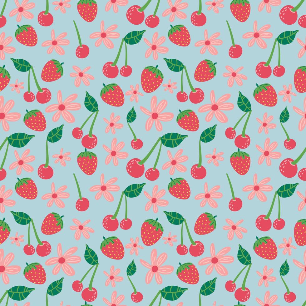 Cherry strawberry pattern, cute fruit cartoon seamless background vector
