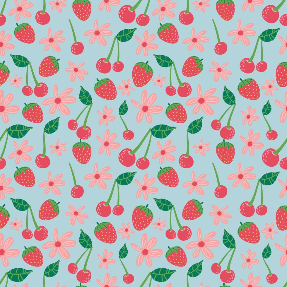 Cherry strawberry pattern, cute fruit cartoon seamless background vector