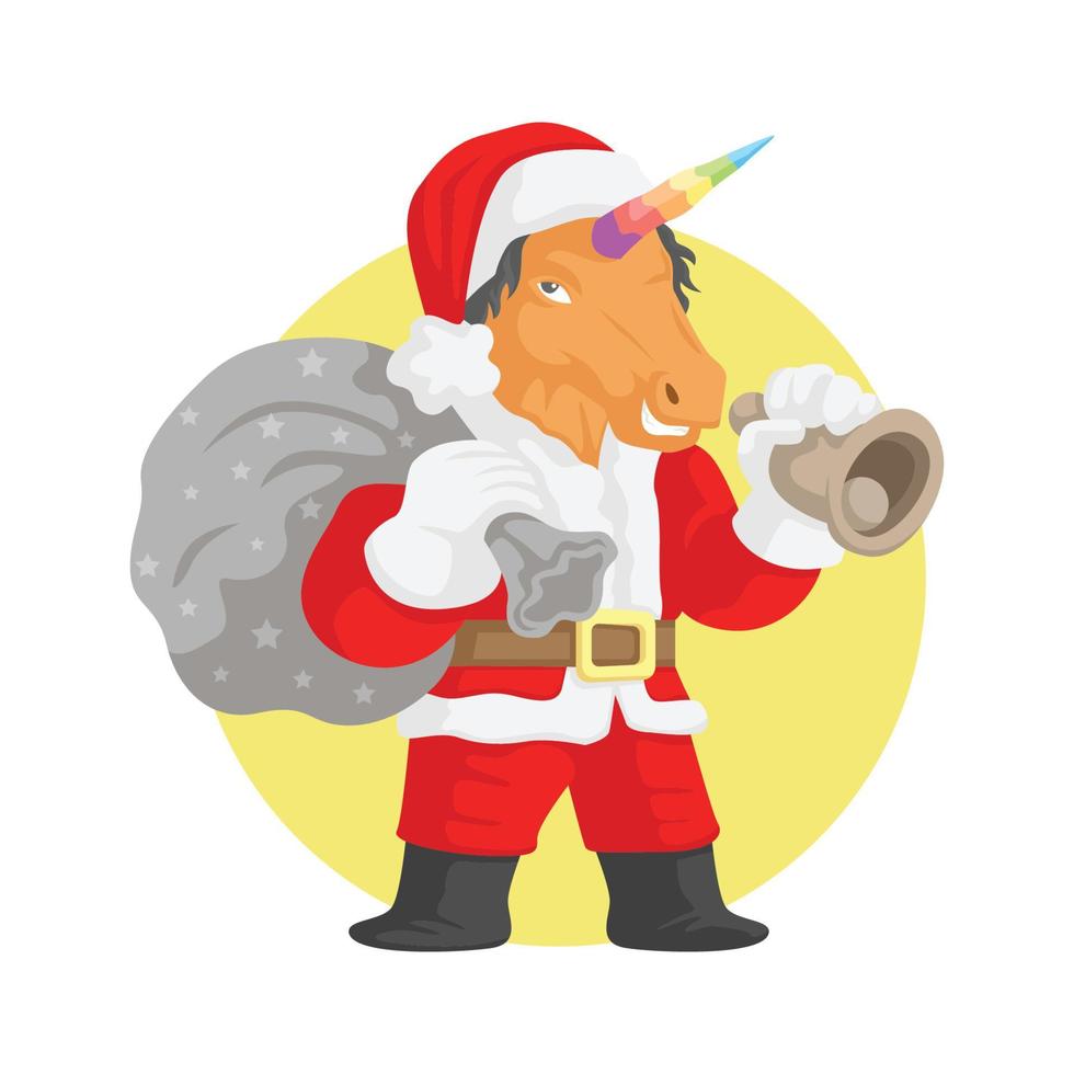 unicorn santa claus with sack of gift and holding a bell vector illustration