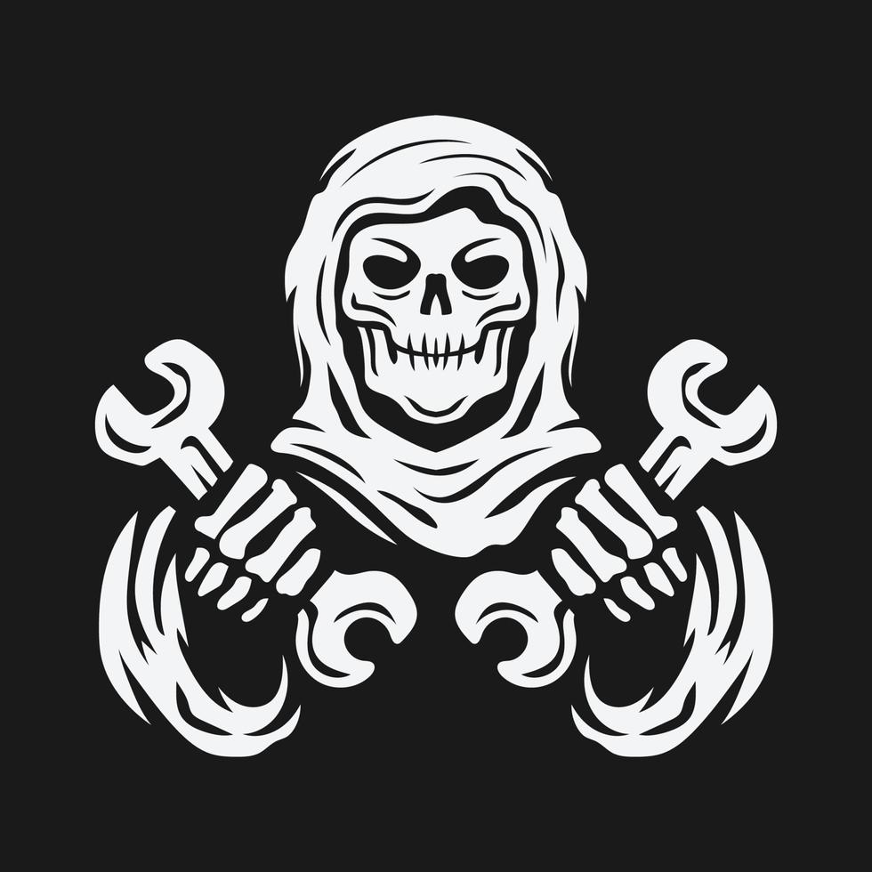 cráneo sosteniendo la llave esqueleto reparador vintage logo vector illustration