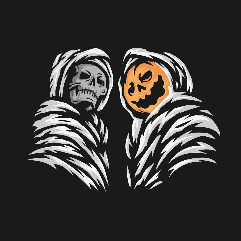 grim reaper and pumpkin halloween character vector illustration