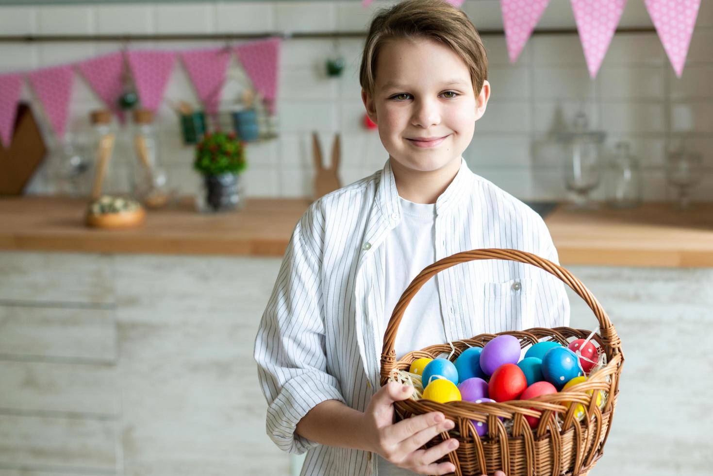 Close up of smiling boy with basket of Easter eggs. photo