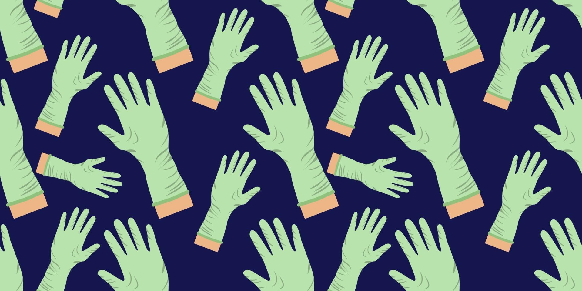 Seamless vector pattern of green latex medical gloves randomly distributed isolated on dark blue background.
