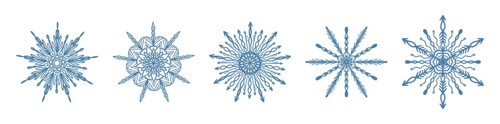 Set of hand drawn blue snowflake icon isolated on white background. Winter design element snow flake frost crystal vector illustration collection.