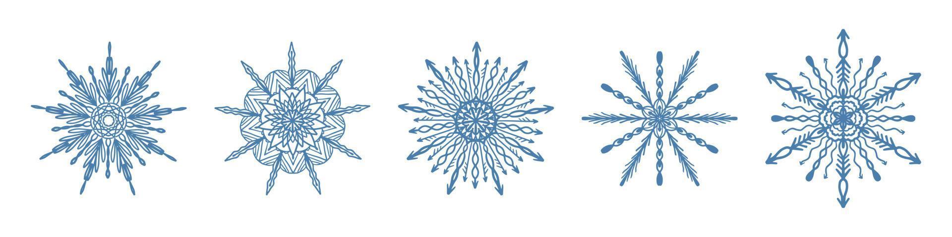 conjunto de icono de copo de nieve azul dibujado a mano aislado sobre fondo blanco. elemento de diseño de invierno colección de ilustración de vector de cristal de escarcha de copo de nieve.