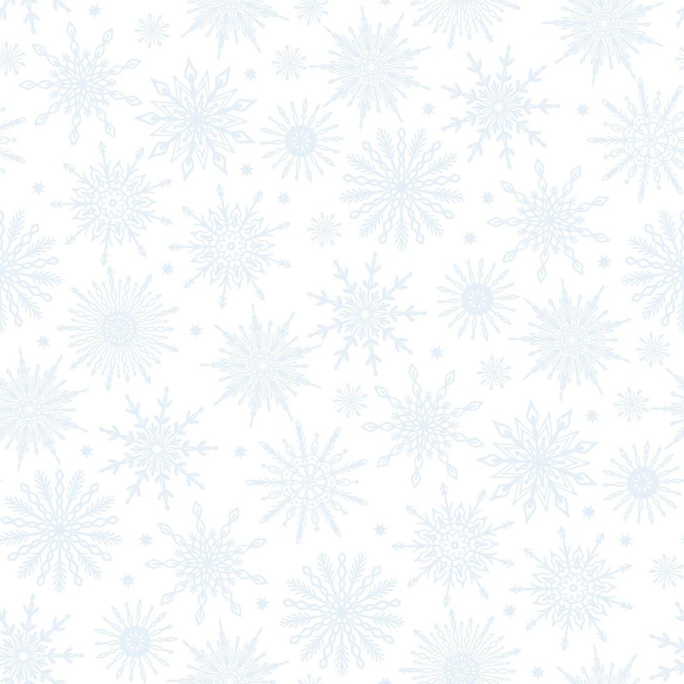 Neutral delicate gentle festive winter season seamless pattern with various pale pastel snowflake icons on white background. Frosty Christmas, New Year design texture vector