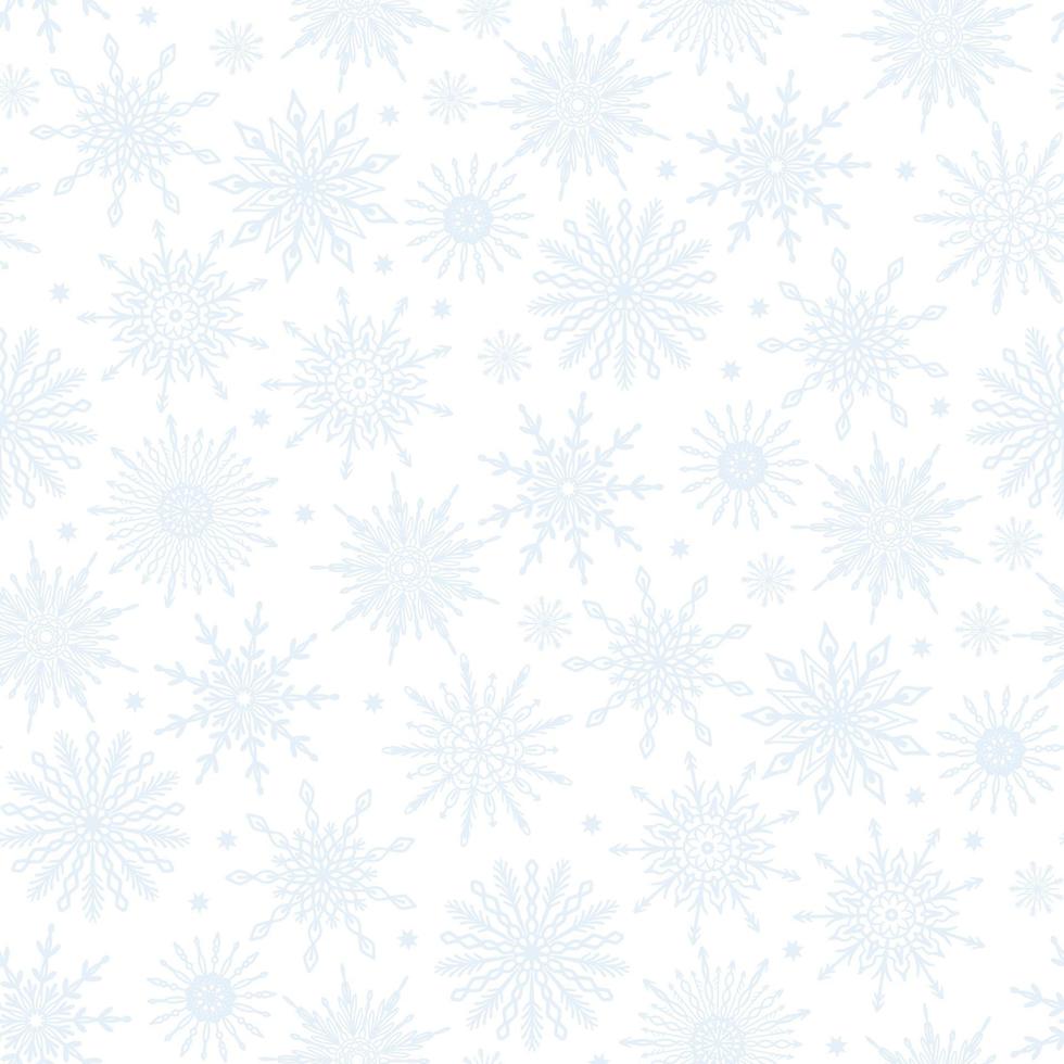 Patrón transparente de temporada de invierno festivo suave delicado neutro con varios iconos de copo de nieve pastel pálido sobre fondo blanco. Navidad helada, textura de diseño de año nuevo vector