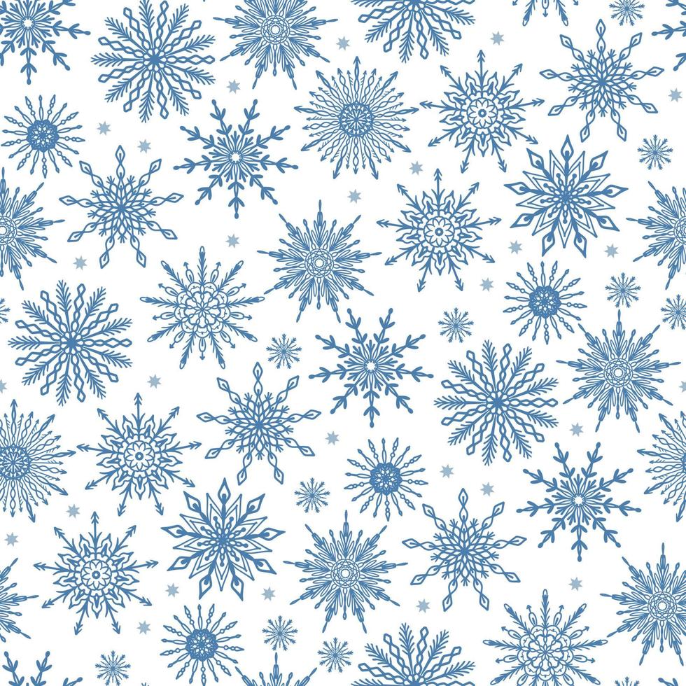 Cute festive winter season seamless pattern with various snowflake icons on white background. Frosty Christmas, New Year design texture. vector