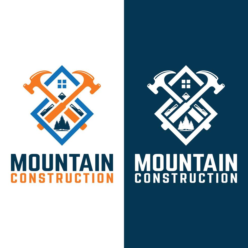plantilla de diseño de logotipo de construcción de montaña. martillos, montañas, árboles y techos de casas simbolizan la construcción en la naturaleza. apto para empresa constructora vector