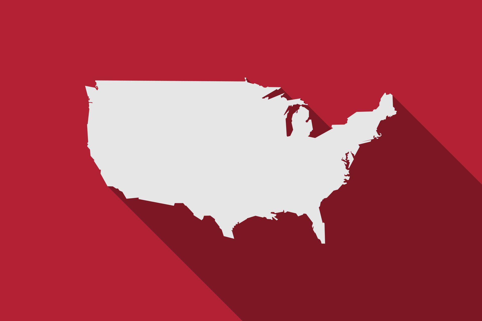 Red cartoon silhouette map of United States of America with long shadow