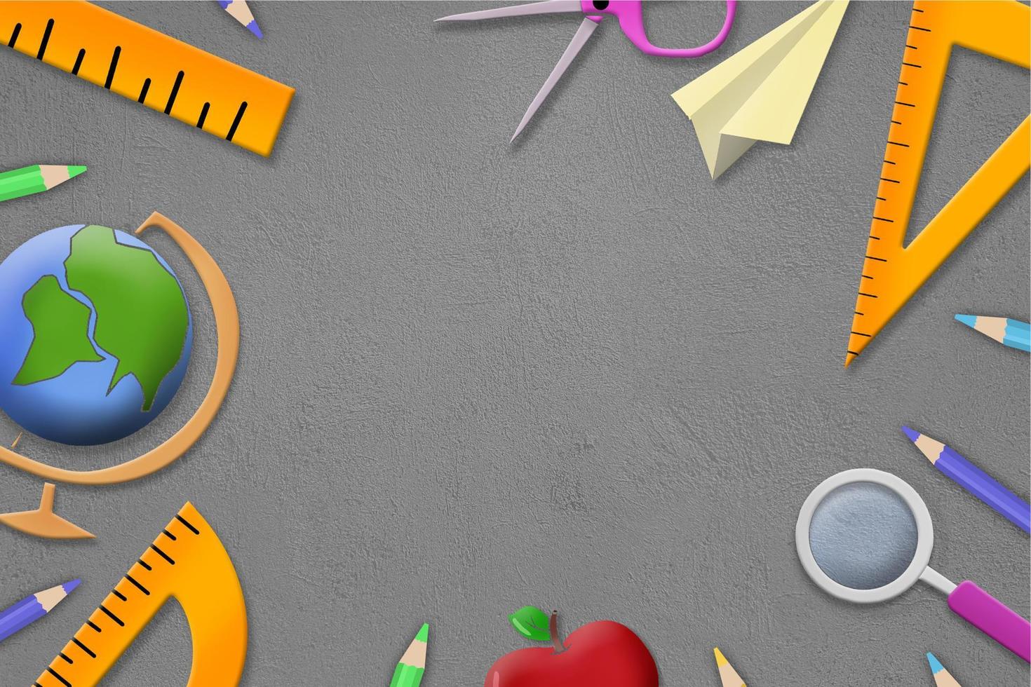Teaching stuff collection, School materials vector illustration set with a colored background in the middle
