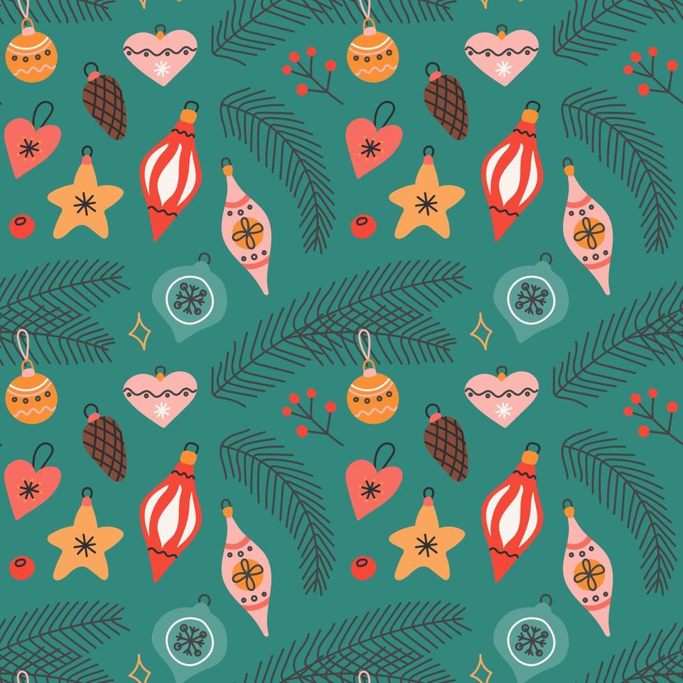 Christmas tree toys with spruce branches in flat style on green background, vector seamless pattern