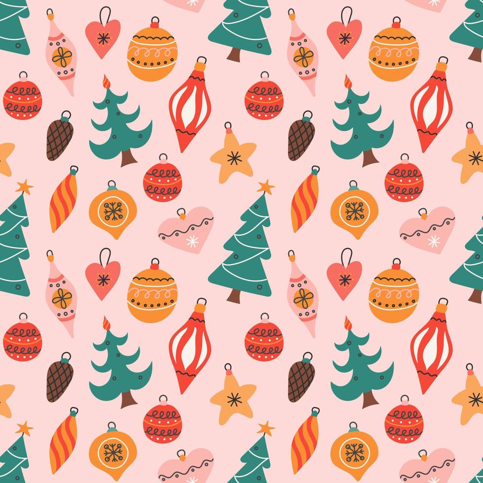 Colorful Christmas tree toys on pink background, vector seamless pattern in flat style