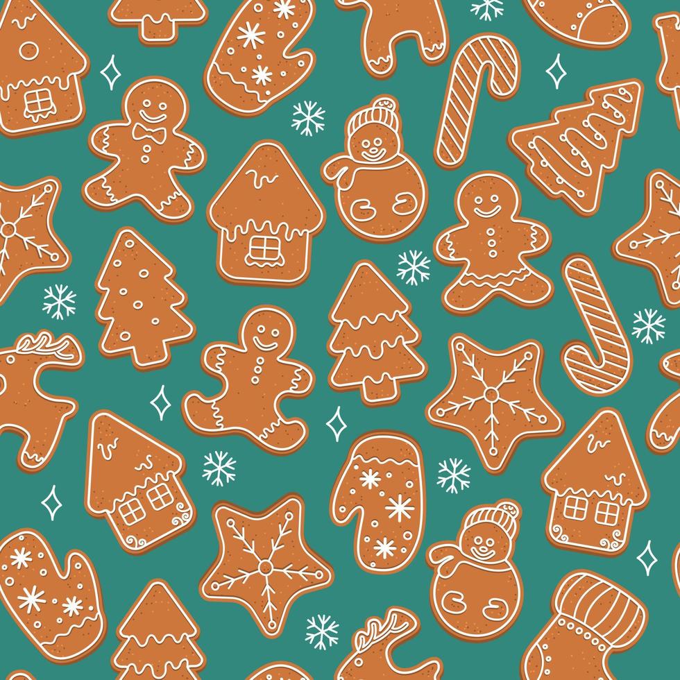 Pan de jengibre de Navidad con copos de nieve sobre fondo verde, patrón transparente de vector