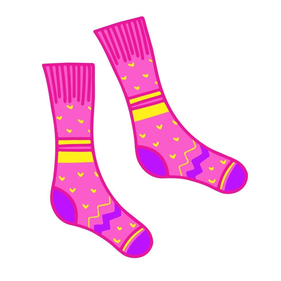 Bright pink knitted socks. Clothes for autumn and winter. Home comfort. vector