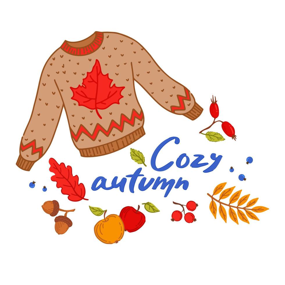 acogedor conjunto de elementos otoñales. letras a mano. ropa abrigada y acogedora para el otoño. elementos del bosque. vector