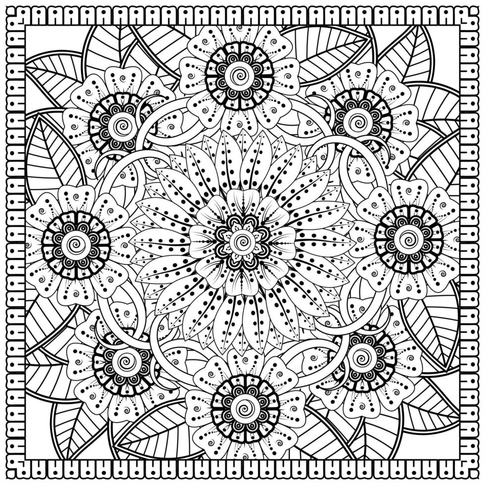Outline square flower pattern in mehndi style for coloring book page vector