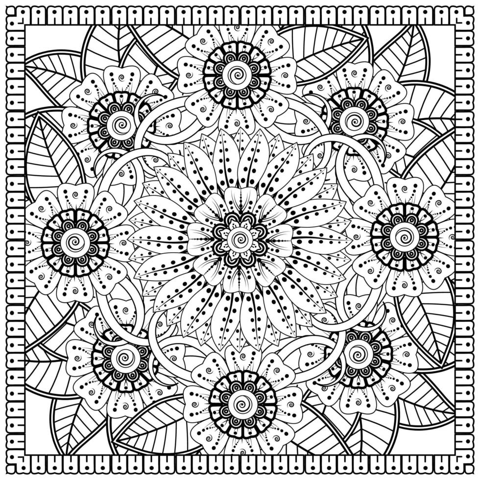 Outline square flower pattern in mehndi style for coloring book page vector