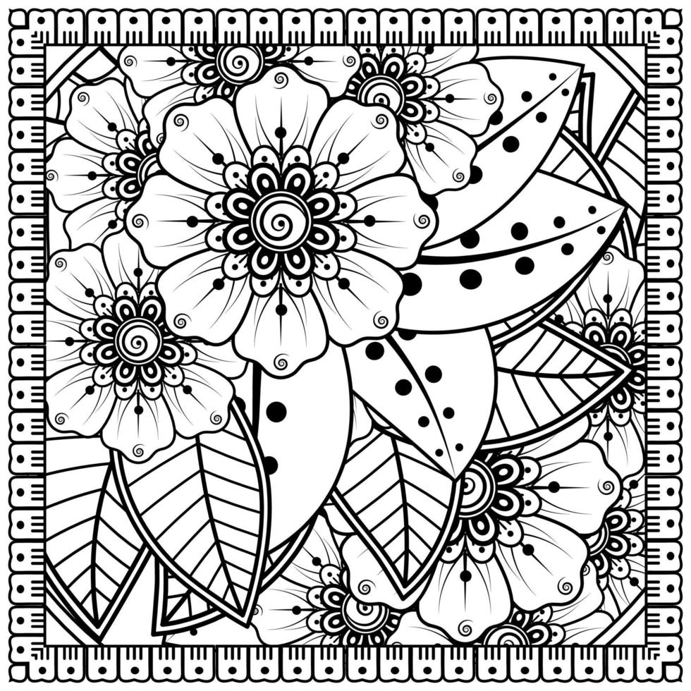 Outline square flower pattern in mehndi style for coloring book page vector